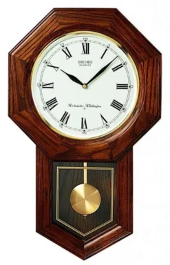 Dark Brown Oak Traditional Schoolhouse Wall Clock With Chime & Pendulum Seiko Wall Clock QXH102BC